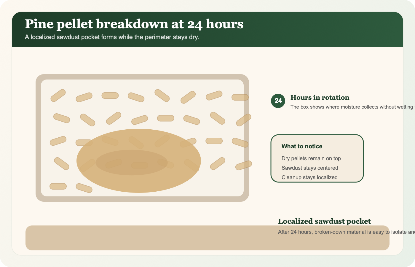 Short demo video showing pine pellets break down from fresh fill to a twenty-four-hour sawdust pocket.