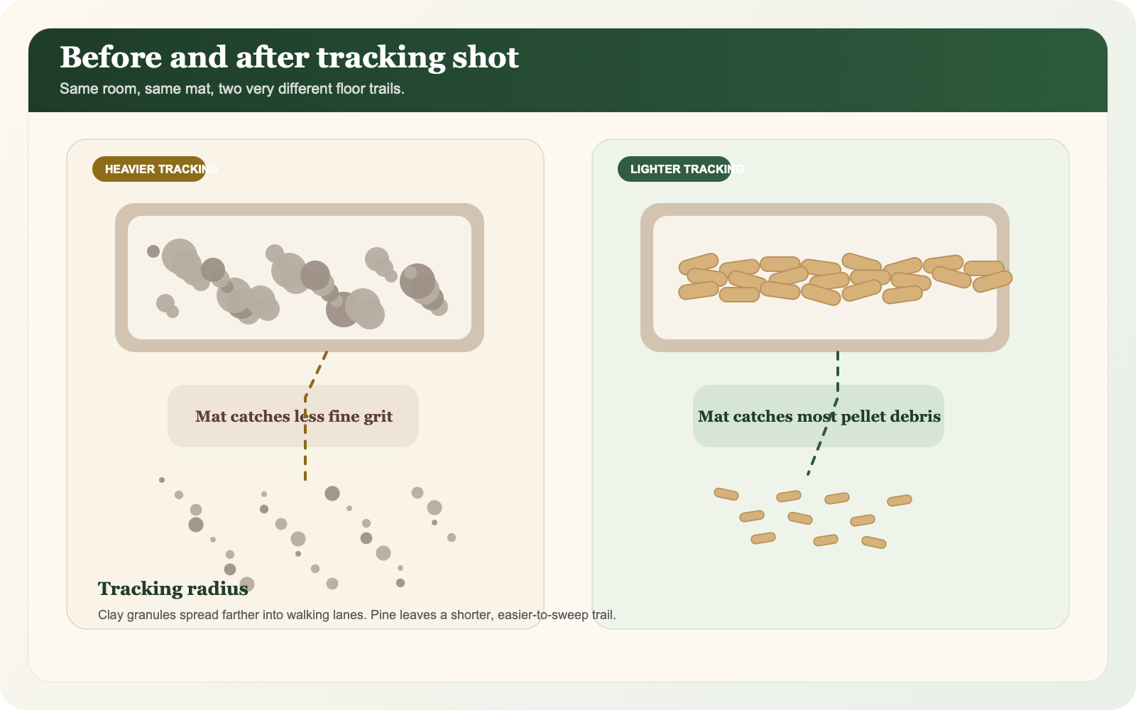 Short demo video comparing how clay and pine litter track across the floor.