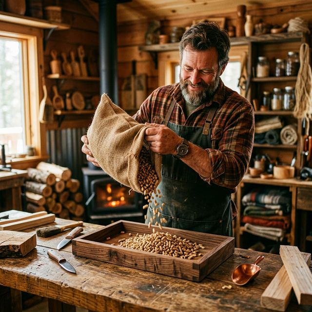 Artisan pouring pine pellets