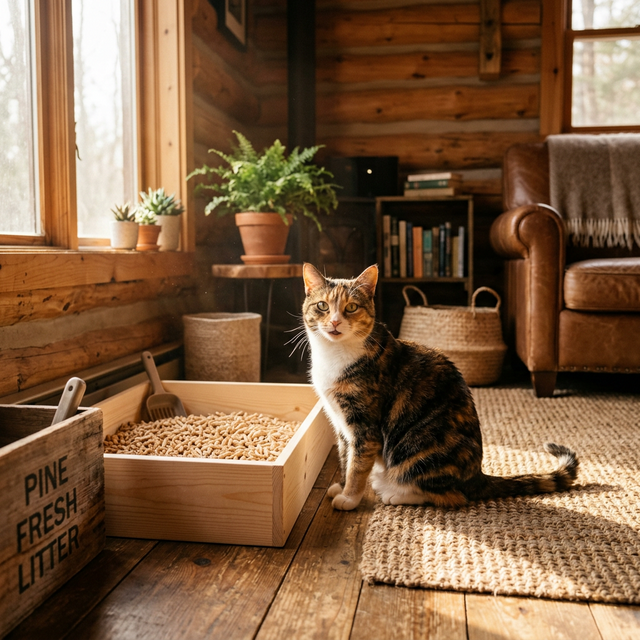 Happy cat near a pine litter setup